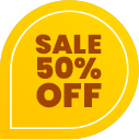 okazja-50%-taniej-zolta-etykieta Żółta etykieta z brązowym napisem "SALE 50% OFF".
