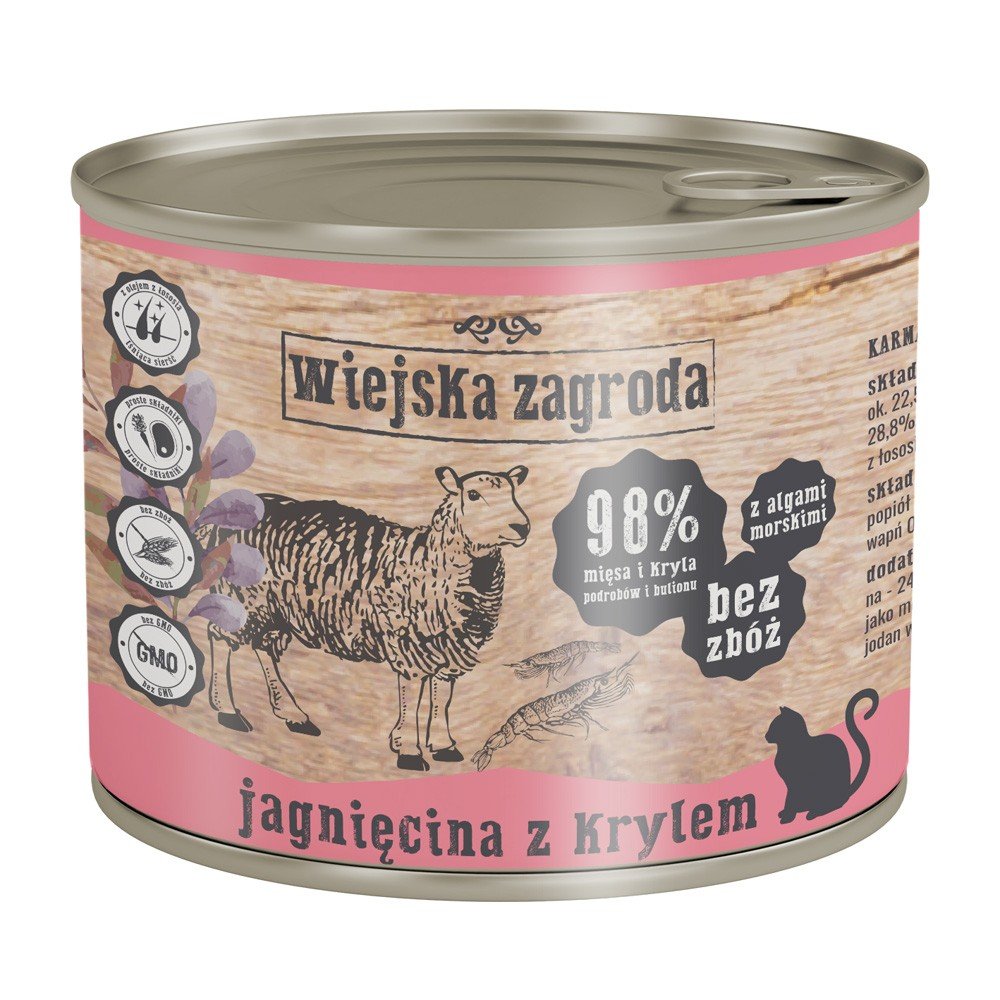 Wiejska Zagroda dla kota Jagnięcina z Krylem 200g przód. Wiejska Zagroda dla kota Jagnięcina z Krylem 200g przód.