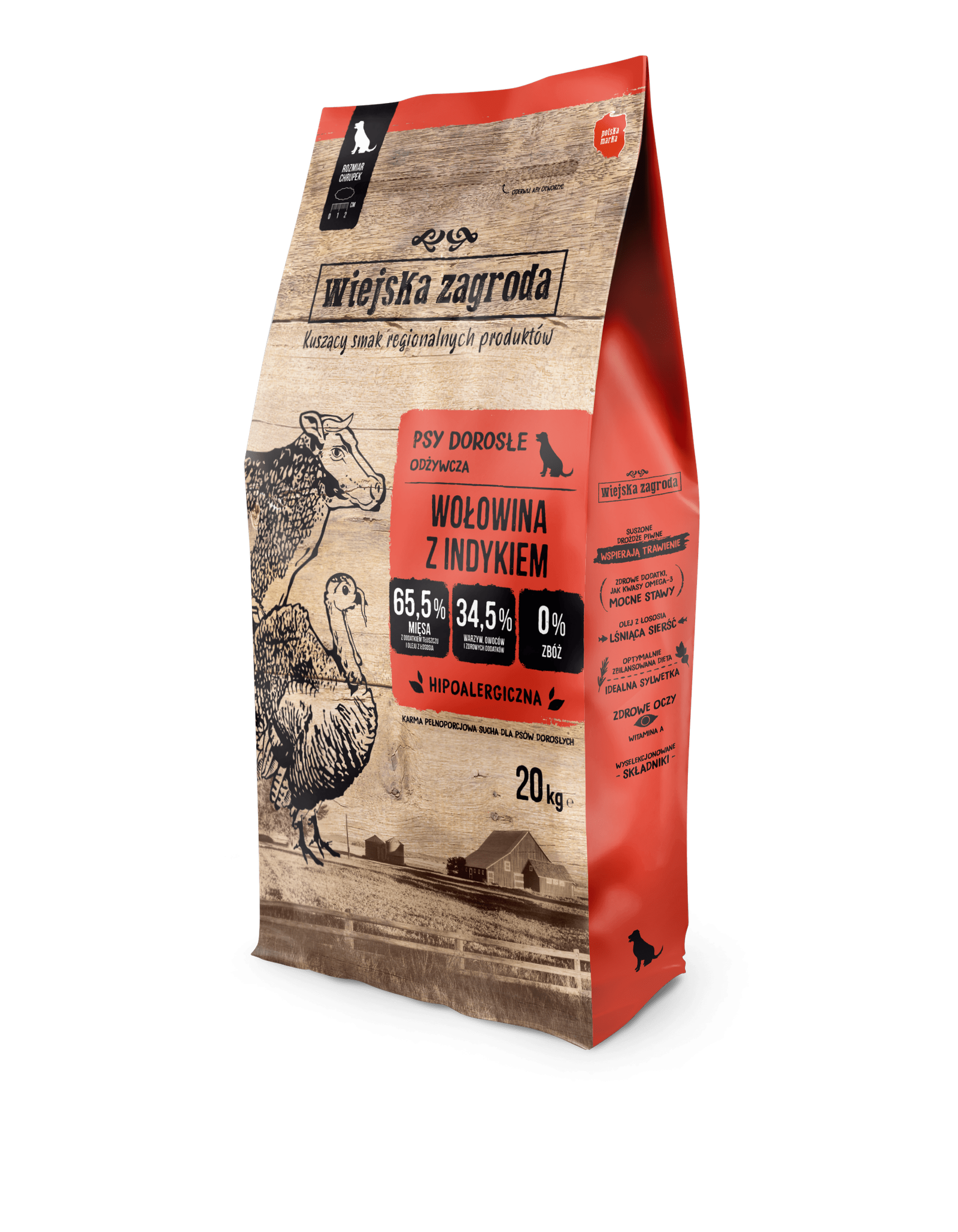 Karma Sucha Wiejska Zagroda Wołowina z Indykiem dla Psa 20kg.